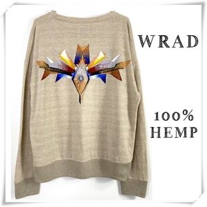 Wrad Native American Hand-paint Logo 100% Hemp Long-Sleeve Crewneck Shirts Beige